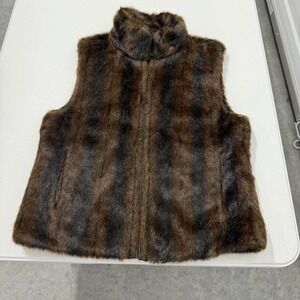 FU DA Faux Fur Reversible Vest Brown Black Zip Up Collar Women's Size‎ S